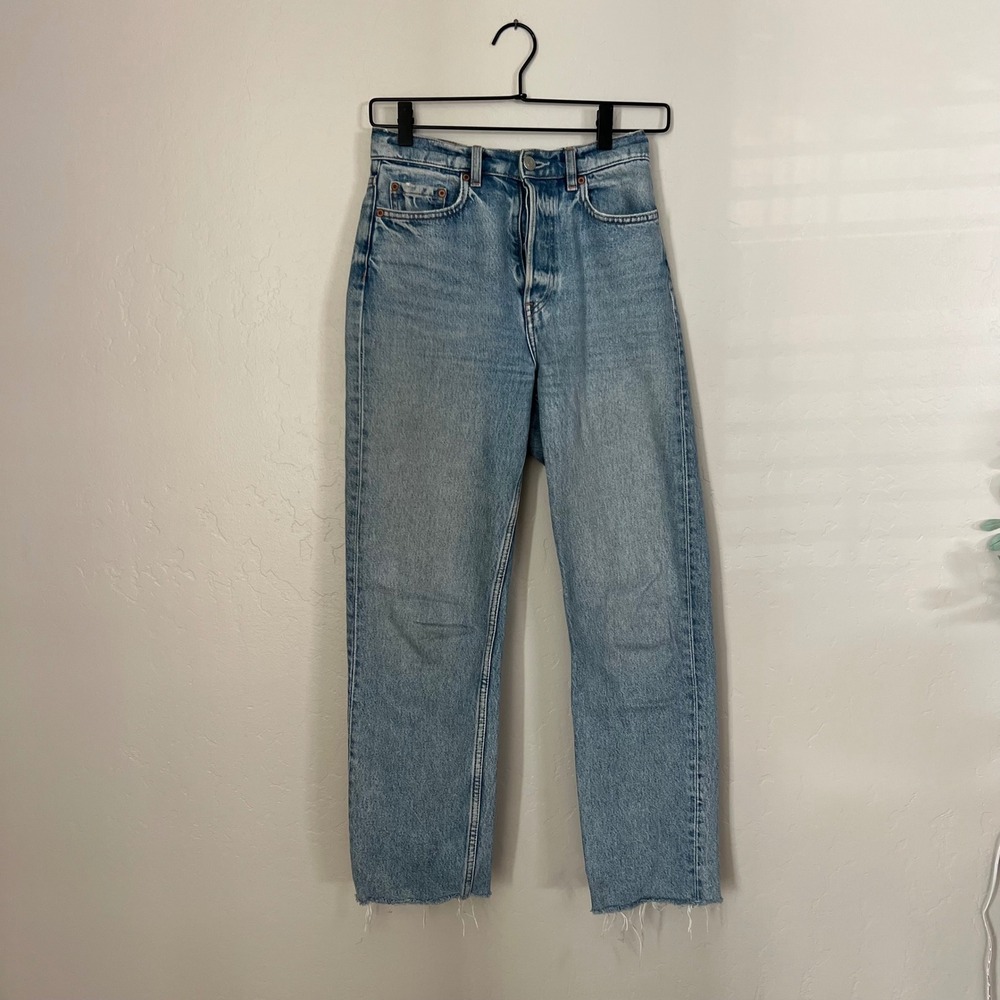 & Other Stories Light Wash High Waisted Button Fly Straight Leg Raw Hem Jeans - Picture 1 of 6
